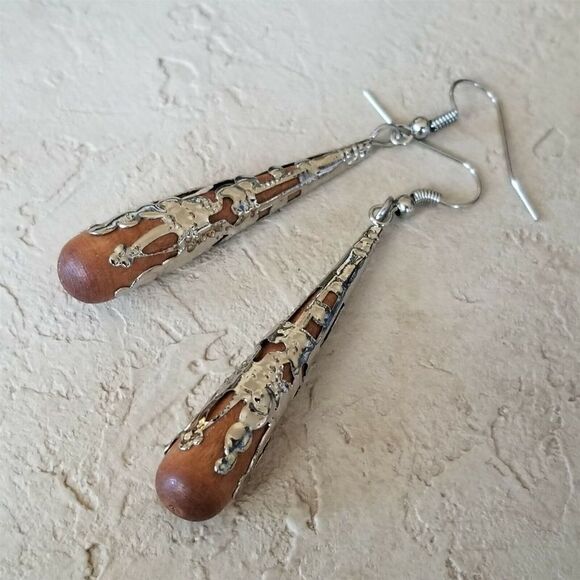 Handcrafted Victorian Style Brown Wood Silver Filigree Teardrop Earrings - Picture 1 of 7